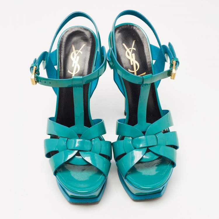 Pre Owned Saint Laurent Green Leather Tribute Platform Ankle Strap Sandals Size 36