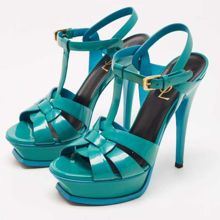 Pre Owned Saint Laurent Green Leather Tribute Platform Ankle Strap Sandals Size 36
