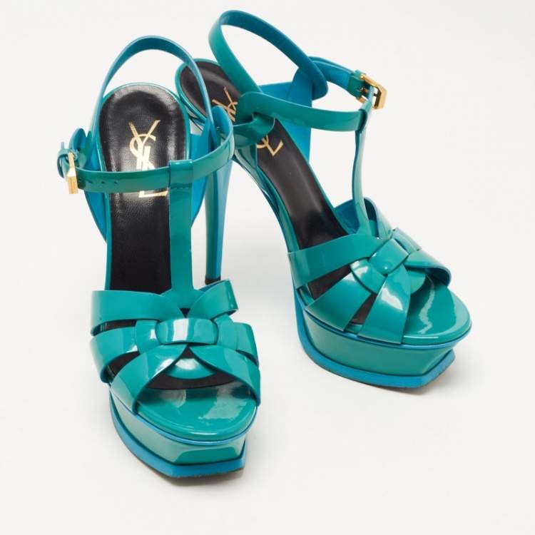 Pre Owned Saint Laurent Green Leather Tribute Platform Ankle Strap Sandals Size 36