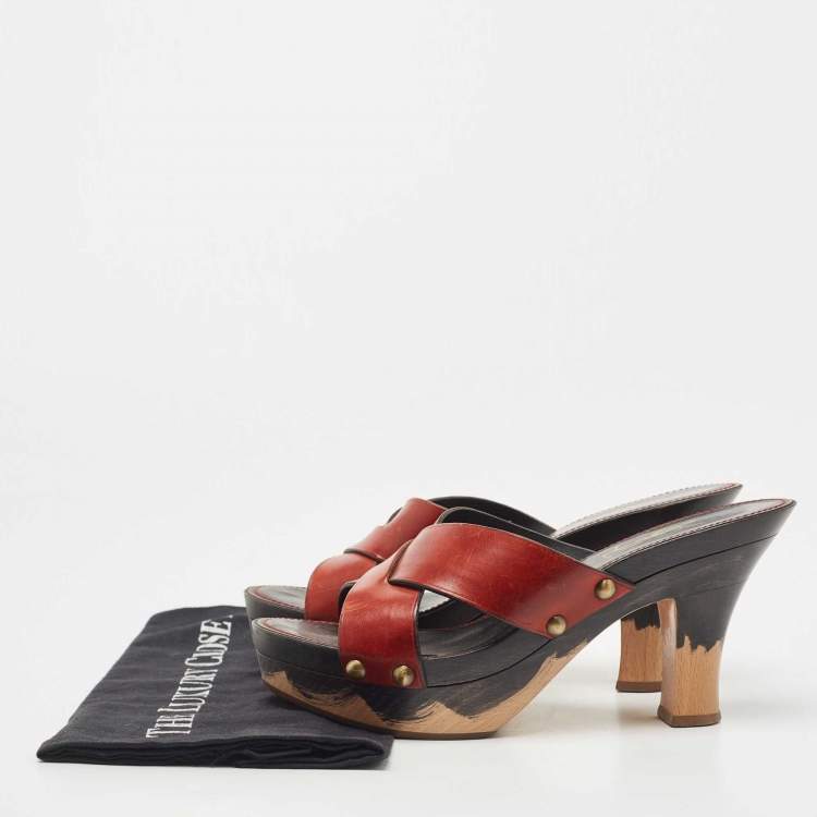 Pre Owned Saint Laurent Brown Leather Cross Strap Wooden Clogs Size 38