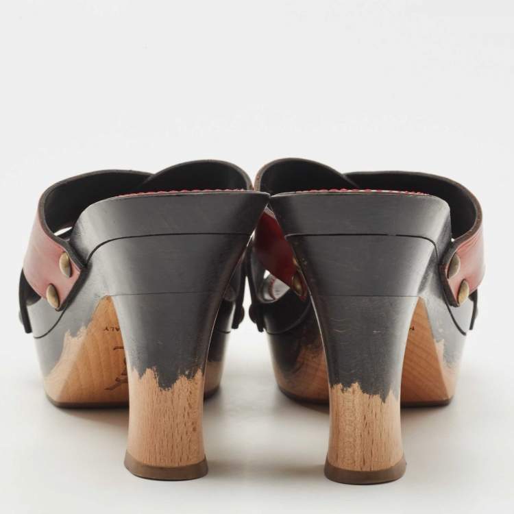 Pre Owned Saint Laurent Brown Leather Cross Strap Wooden Clogs Size 38