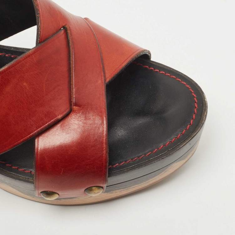 Pre Owned Saint Laurent Brown Leather Cross Strap Wooden Clogs Size 38