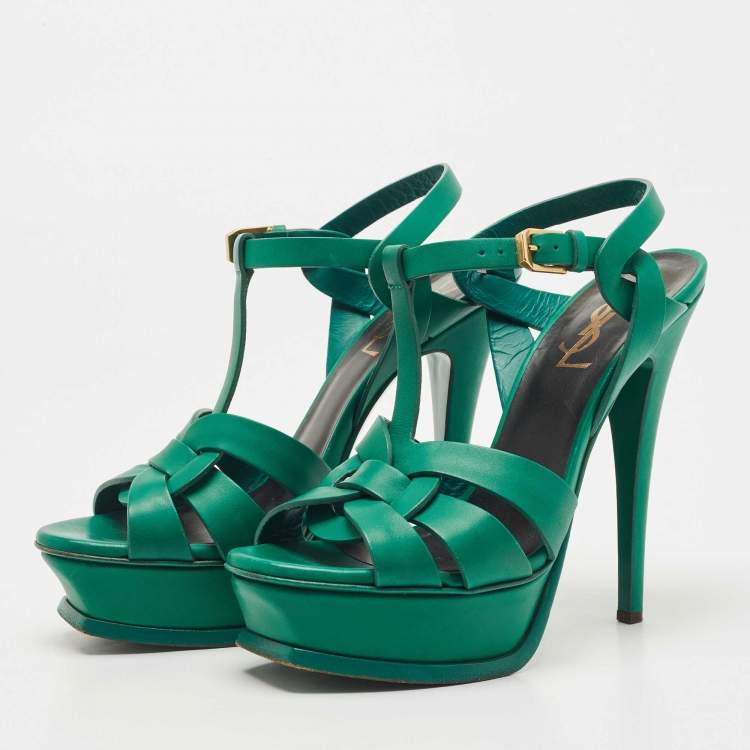 Pre Owned Saint Laurent Green Leather Tribute Platform Ankle Strap Sandals Size 36