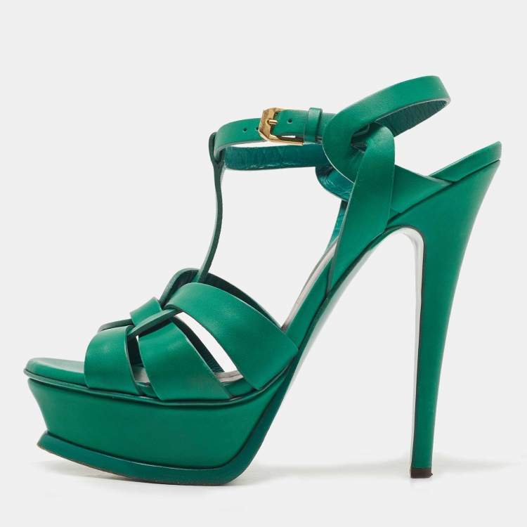 Pre Owned Saint Laurent Green Leather Tribute Platform Ankle Strap Sandals Size 36