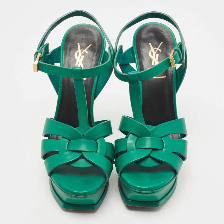 Pre Owned Saint Laurent Green Leather Tribute Platform Ankle Strap Sandals Size 36