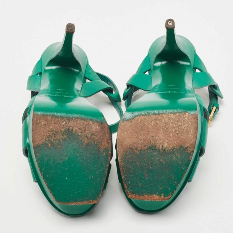 Pre Owned Saint Laurent Green Leather Tribute Platform Ankle Strap Sandals Size 36