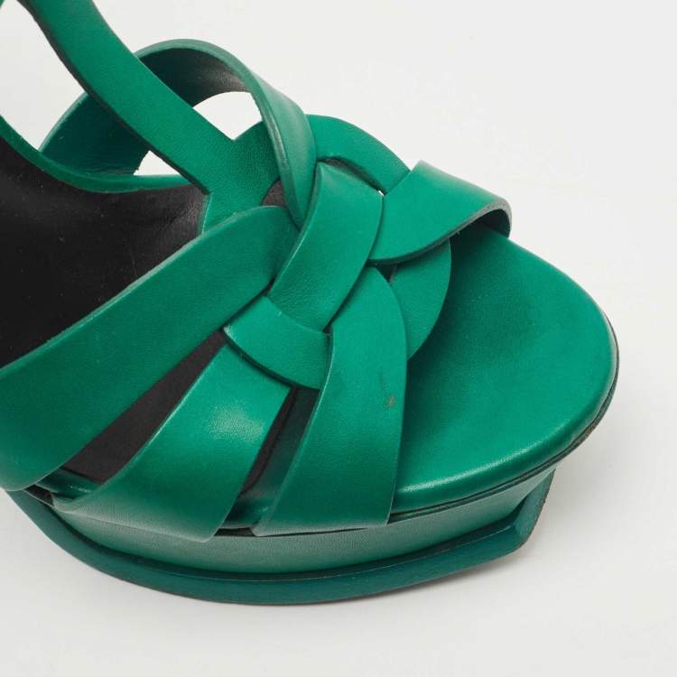 Pre Owned Saint Laurent Green Leather Tribute Platform Ankle Strap Sandals Size 36