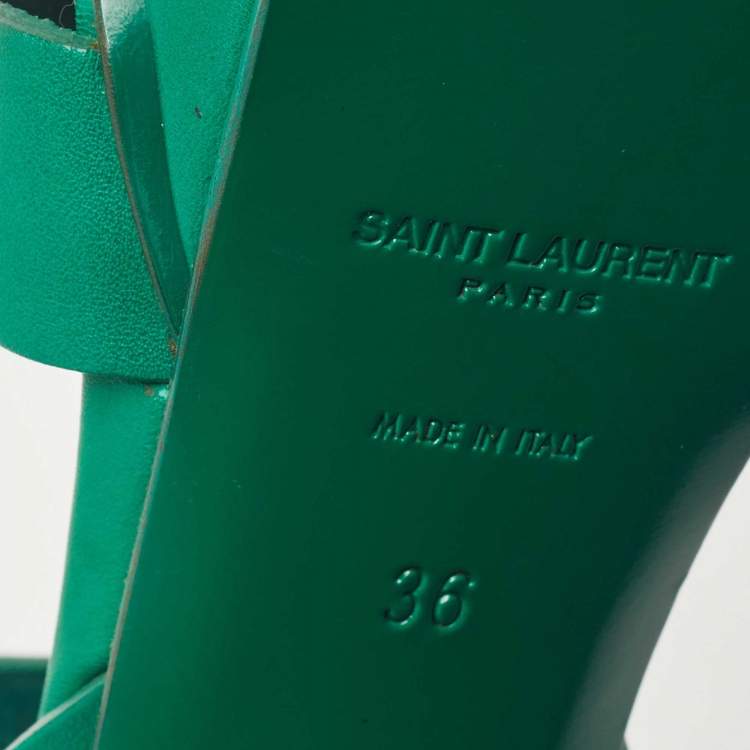 Pre Owned Saint Laurent Green Leather Tribute Platform Ankle Strap Sandals Size 36