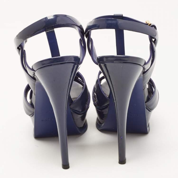 Pre Owned Saint Laurent Navy Blue Patent Leather Tribute Platform Ankle Strap Sandals Size 36