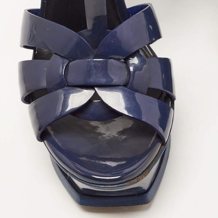 Pre Owned Saint Laurent Navy Blue Patent Leather Tribute Platform Ankle Strap Sandals Size 36