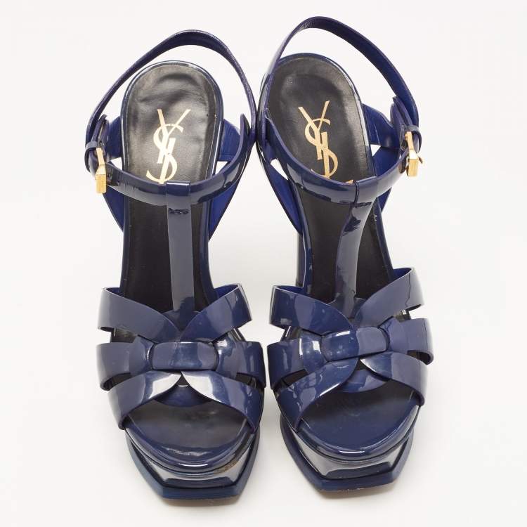 Pre Owned Saint Laurent Navy Blue Patent Leather Tribute Platform Ankle Strap Sandals Size 36