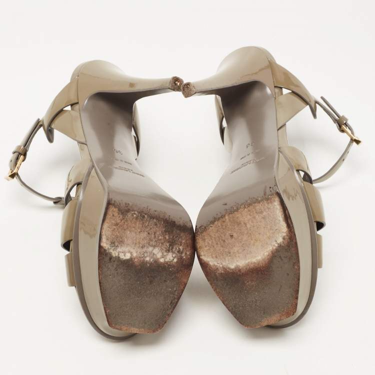 مملوكة مسبقًا Saint Laurent Grey Leather Tribute Platform Ankle Strap Sandals Size 36