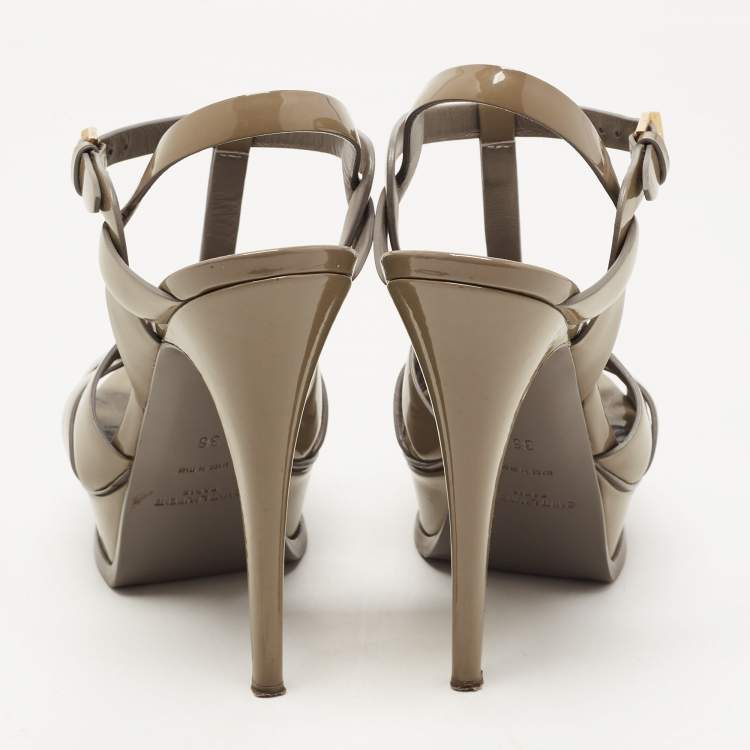 مملوكة مسبقًا Saint Laurent Grey Leather Tribute Platform Ankle Strap Sandals Size 36