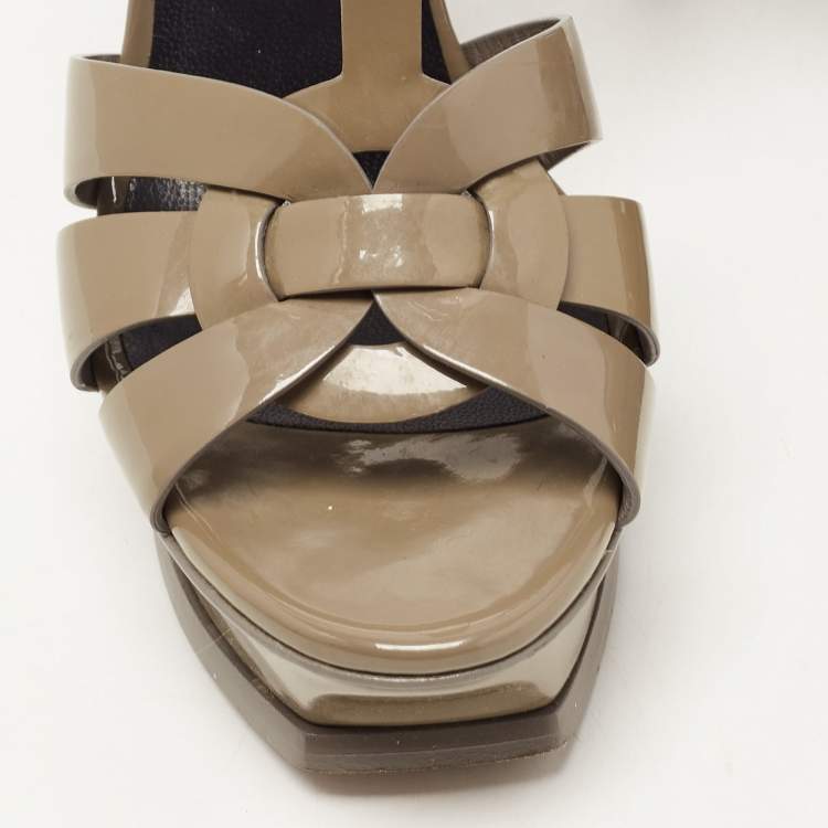 مملوكة مسبقًا Saint Laurent Grey Leather Tribute Platform Ankle Strap Sandals Size 36