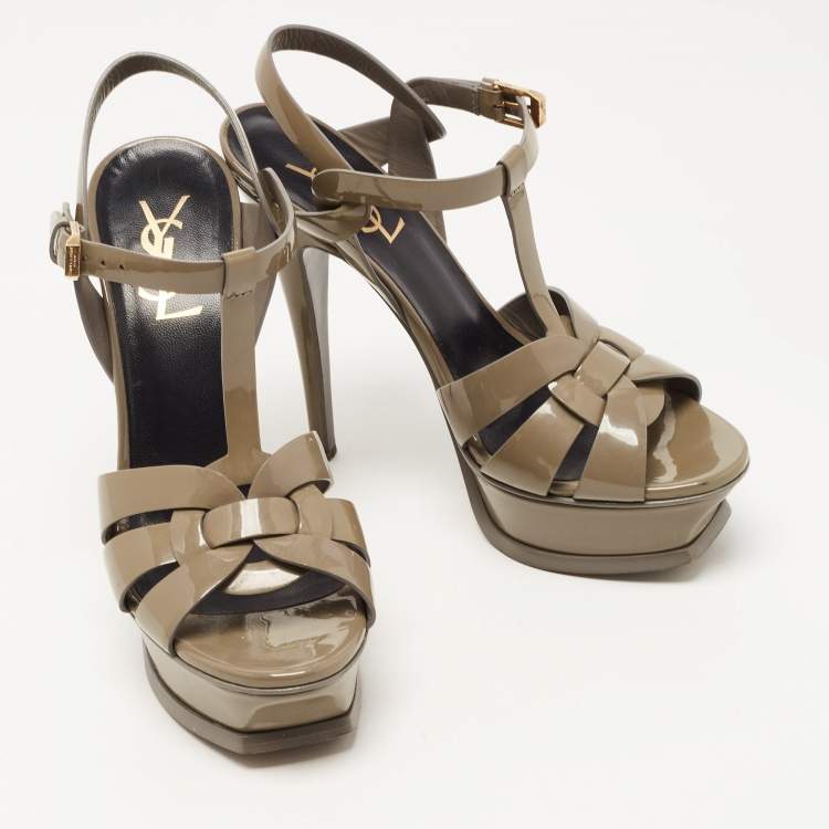 مملوكة مسبقًا Saint Laurent Grey Leather Tribute Platform Ankle Strap Sandals Size 36