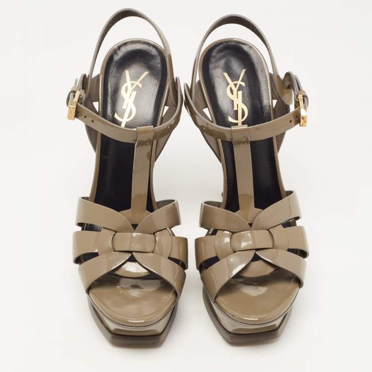 مملوكة مسبقًا Saint Laurent Grey Leather Tribute Platform Ankle Strap Sandals Size 36