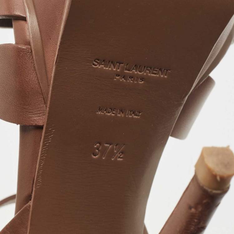 Pre Owned Saint Laurent Brown Leather Tribute Platform Ankle Strap Sandals Size 37.5