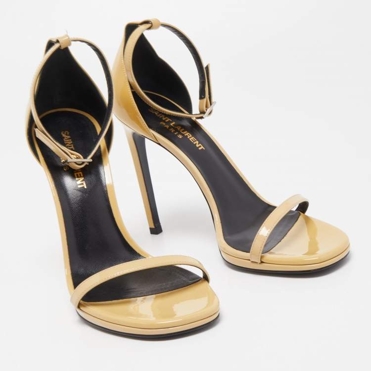 Pre Owned Saint Laurent Beige Patent Leather Jane Ankle Strap Sandals Size 37
