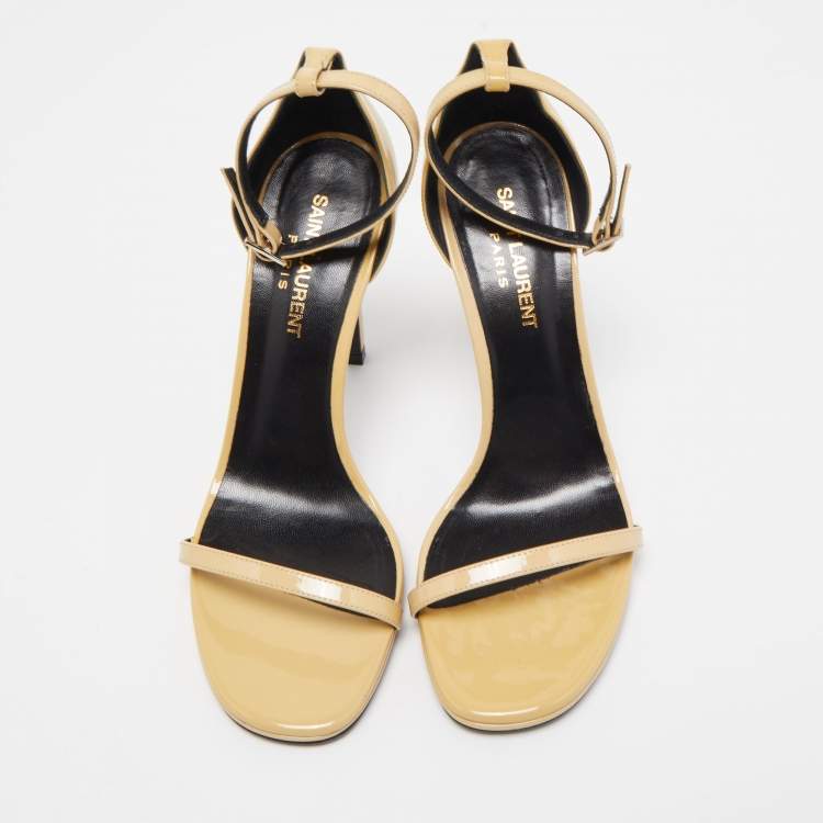 Pre Owned Saint Laurent Beige Patent Leather Jane Ankle Strap Sandals Size 37