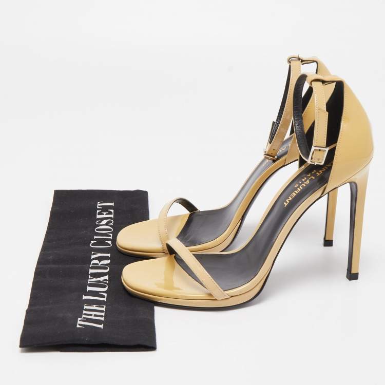 Pre Owned Saint Laurent Beige Patent Leather Jane Ankle Strap Sandals Size 37