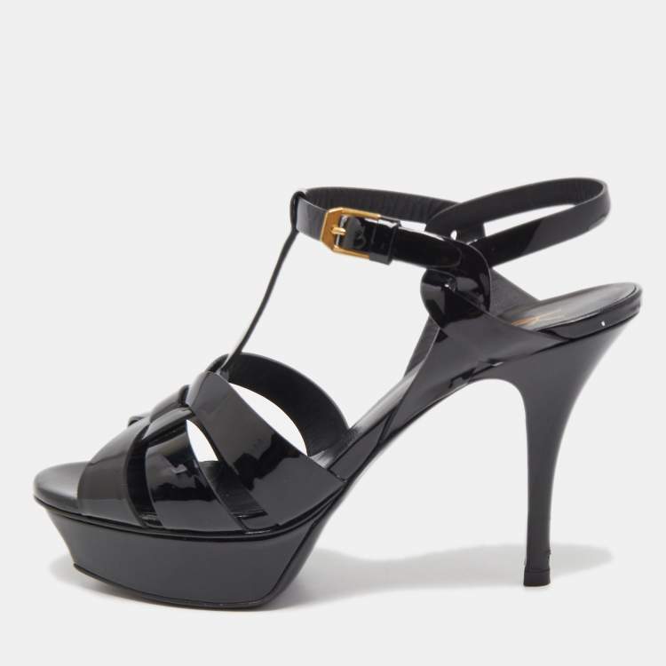 Pre Owned Saint Laurent Black Leather Tribute Platform Ankle Strap Sandals Size 37.5