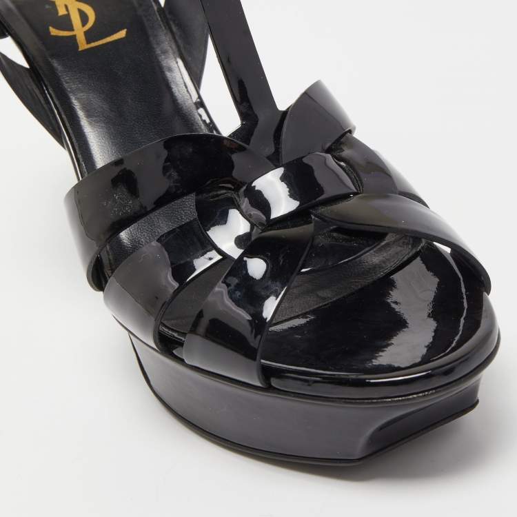 Pre Owned Saint Laurent Black Leather Tribute Platform Ankle Strap Sandals Size 37.5