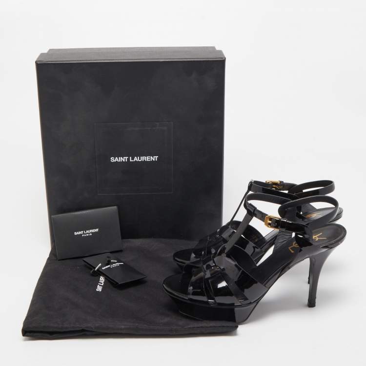 Pre Owned Saint Laurent Black Leather Tribute Platform Ankle Strap Sandals Size 37.5