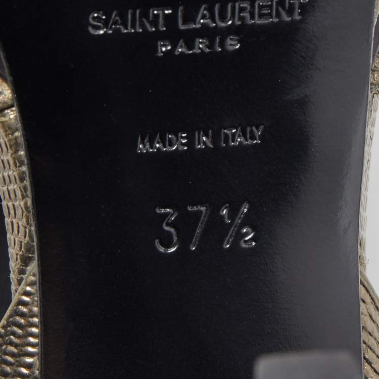 Pre Owned Saint Laurent Metallic Lizard Embossed Leather Tribute Platform Ankle Strap Sandals Size 37.5