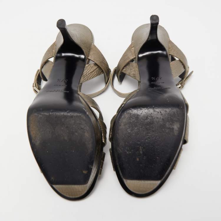 Pre Owned Saint Laurent Metallic Lizard Embossed Leather Tribute Platform Ankle Strap Sandals Size 37.5