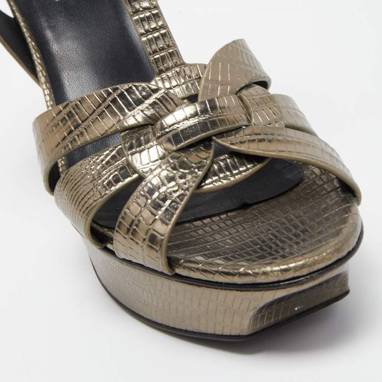 Pre Owned Saint Laurent Metallic Lizard Embossed Leather Tribute Platform Ankle Strap Sandals Size 37.5