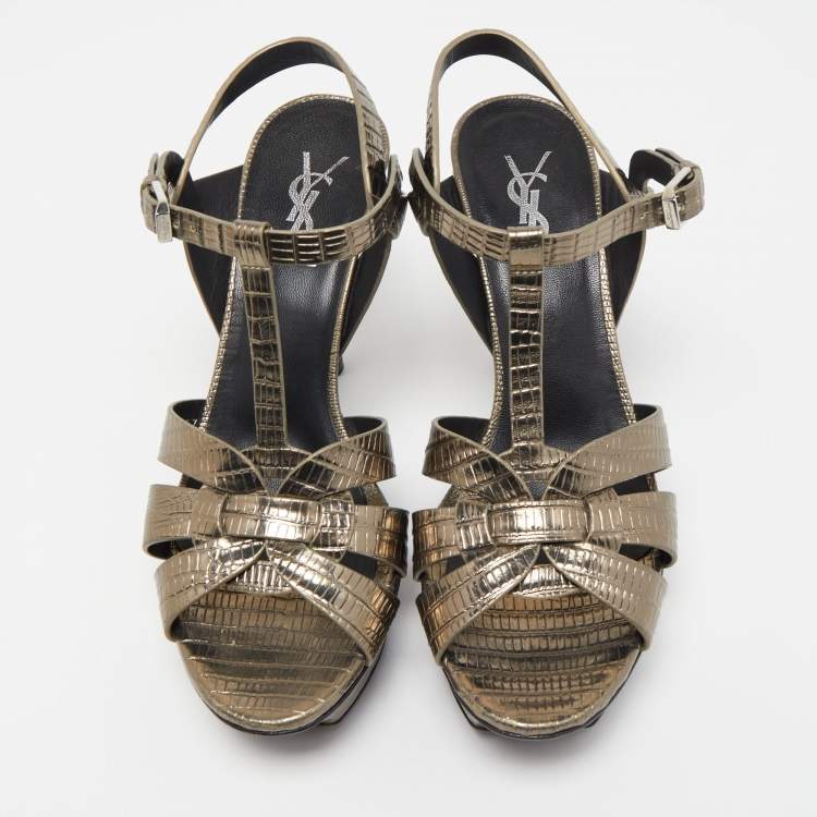 Pre Owned Saint Laurent Metallic Lizard Embossed Leather Tribute Platform Ankle Strap Sandals Size 37.5