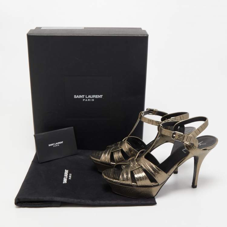 Pre Owned Saint Laurent Metallic Lizard Embossed Leather Tribute Platform Ankle Strap Sandals Size 37.5