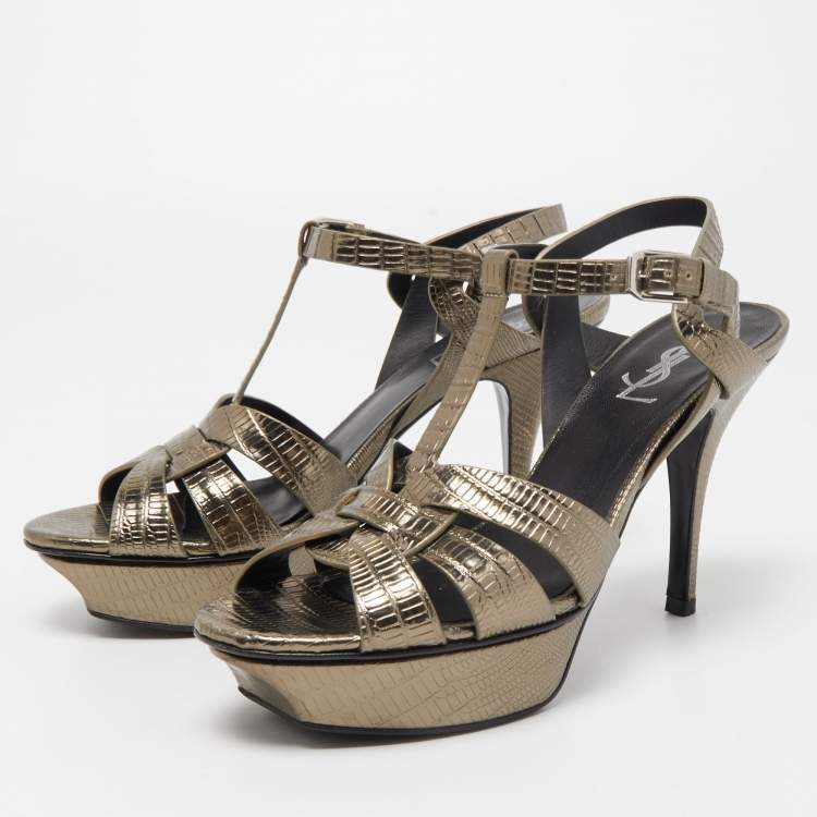 Pre Owned Saint Laurent Metallic Lizard Embossed Leather Tribute Platform Ankle Strap Sandals Size 37.5