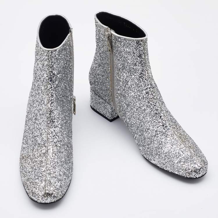 Pre Owned Saint Laurent Silver Glitter Caleb Zippered Ankle Boots Size 38.5