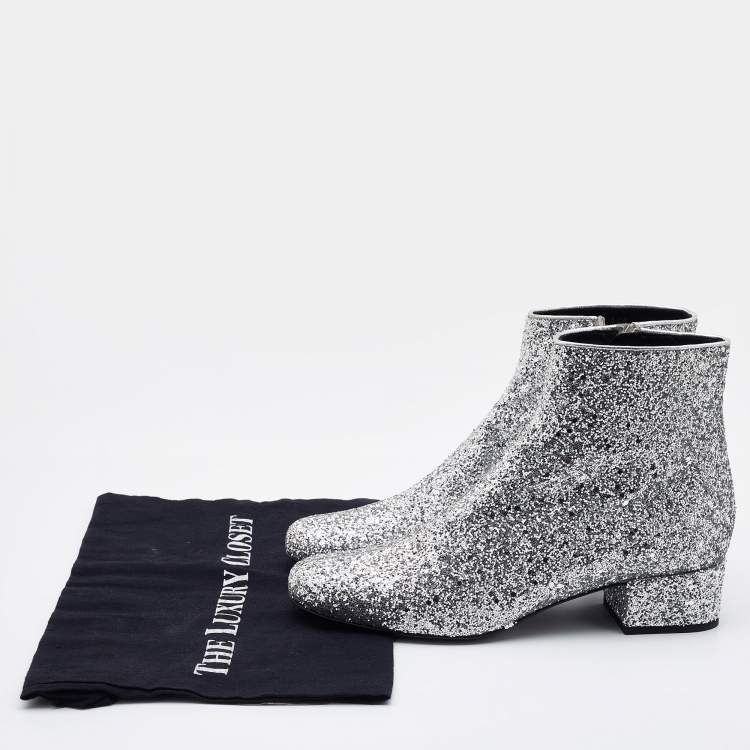 Pre Owned Saint Laurent Silver Glitter Caleb Zippered Ankle Boots Size 38.5