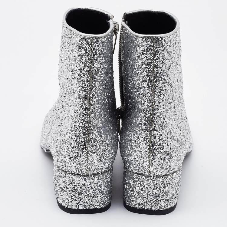 Pre Owned Saint Laurent Silver Glitter Caleb Zippered Ankle Boots Size 38.5
