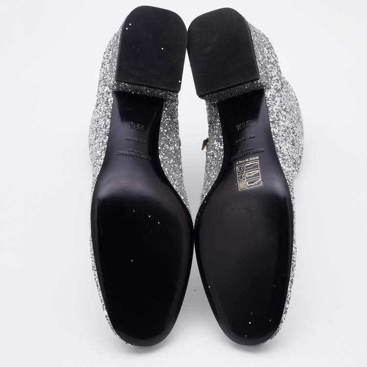 Pre Owned Saint Laurent Silver Glitter Caleb Zippered Ankle Boots Size 38.5