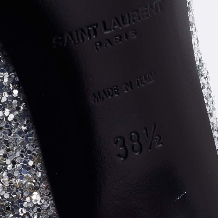 Pre Owned Saint Laurent Silver Glitter Caleb Zippered Ankle Boots Size 38.5