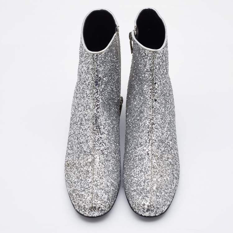 Pre Owned Saint Laurent Silver Glitter Caleb Zippered Ankle Boots Size 38.5