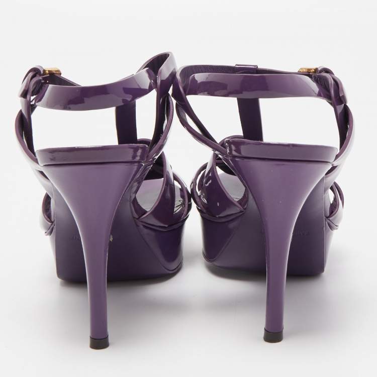Pre Owned Saint Laurent Paris Purple Patent Leather Tribute Platform Ankle Strap Sandals Size 37