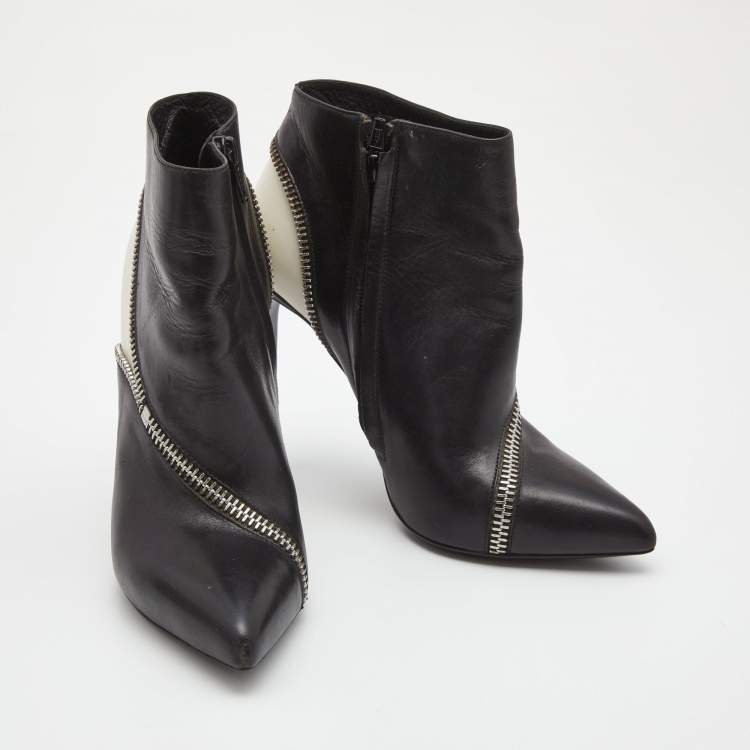 Pre Owned Saint Laurent Black/White Leather Color Block Ankle Booties Size 36