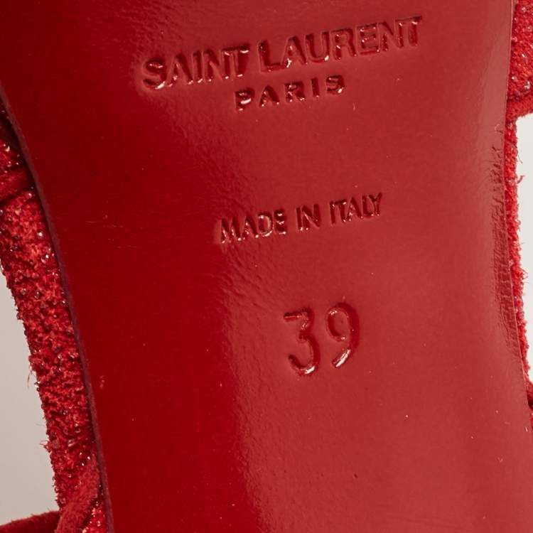 Pre Owned Saint Laurent Paris Red Textured Suede Tribute Platform Ankle Strap Sandals Size 39