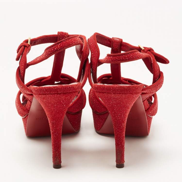 Pre Owned Saint Laurent Paris Red Textured Suede Tribute Platform Ankle Strap Sandals Size 39