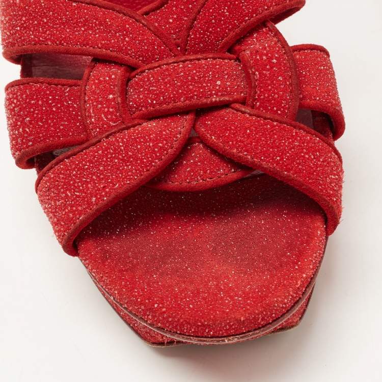 Pre Owned Saint Laurent Paris Red Textured Suede Tribute Platform Ankle Strap Sandals Size 39