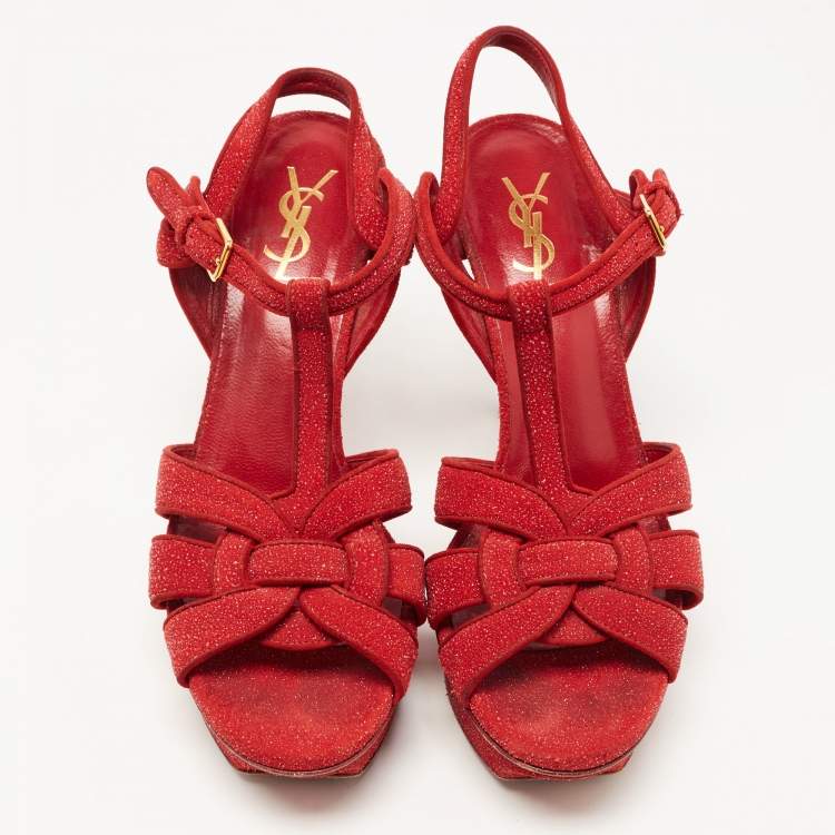 Pre Owned Saint Laurent Paris Red Textured Suede Tribute Platform Ankle Strap Sandals Size 39
