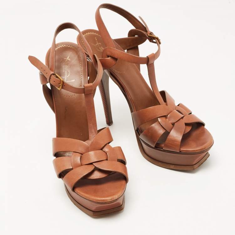 مملوكة مسبقًا Saint Laurent Brown Leather Tribute Sandals Size 40