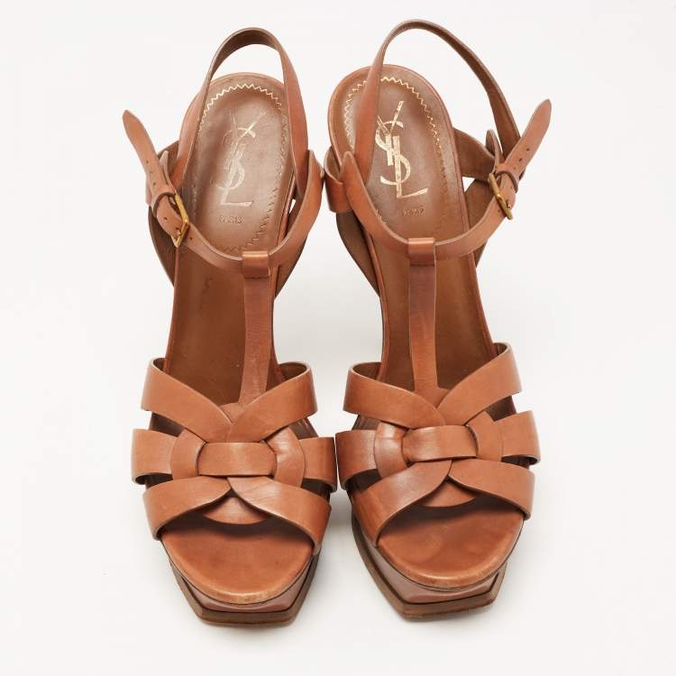 مملوكة مسبقًا Saint Laurent Brown Leather Tribute Sandals Size 40