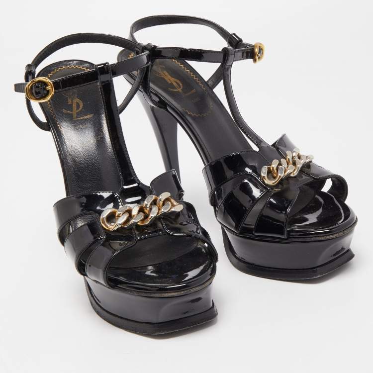 Pre Owned Saint Laurent Black Patent Leather Chain Detail Tribute Sandals Size 38
