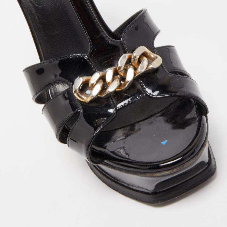 Pre Owned Saint Laurent Black Patent Leather Chain Detail Tribute Sandals Size 38