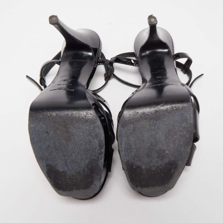 Pre Owned Saint Laurent Black Patent Leather Chain Detail Tribute Sandals Size 38
